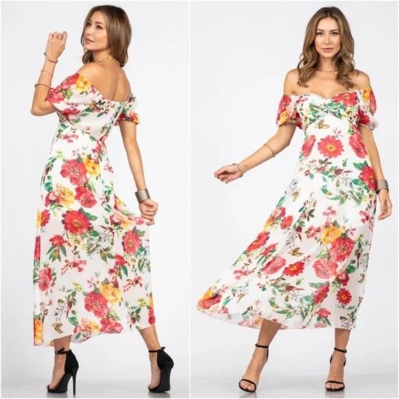 💐Beautiful floral print off shoulder summer elegant pretty maxi dress - Picture 3 of 3